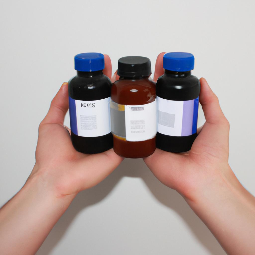 Person holding various supplement bottles