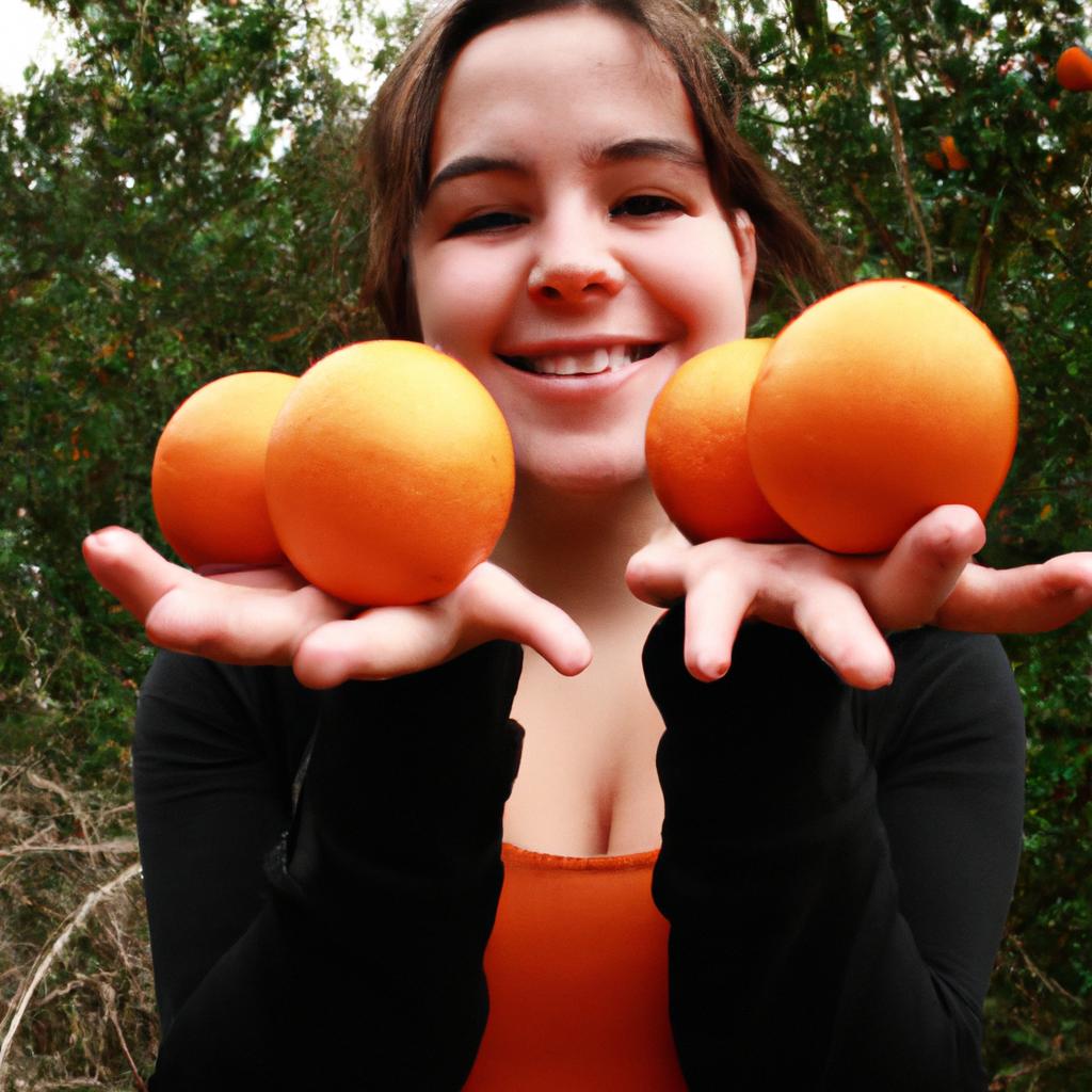 Person holding oranges, smiling